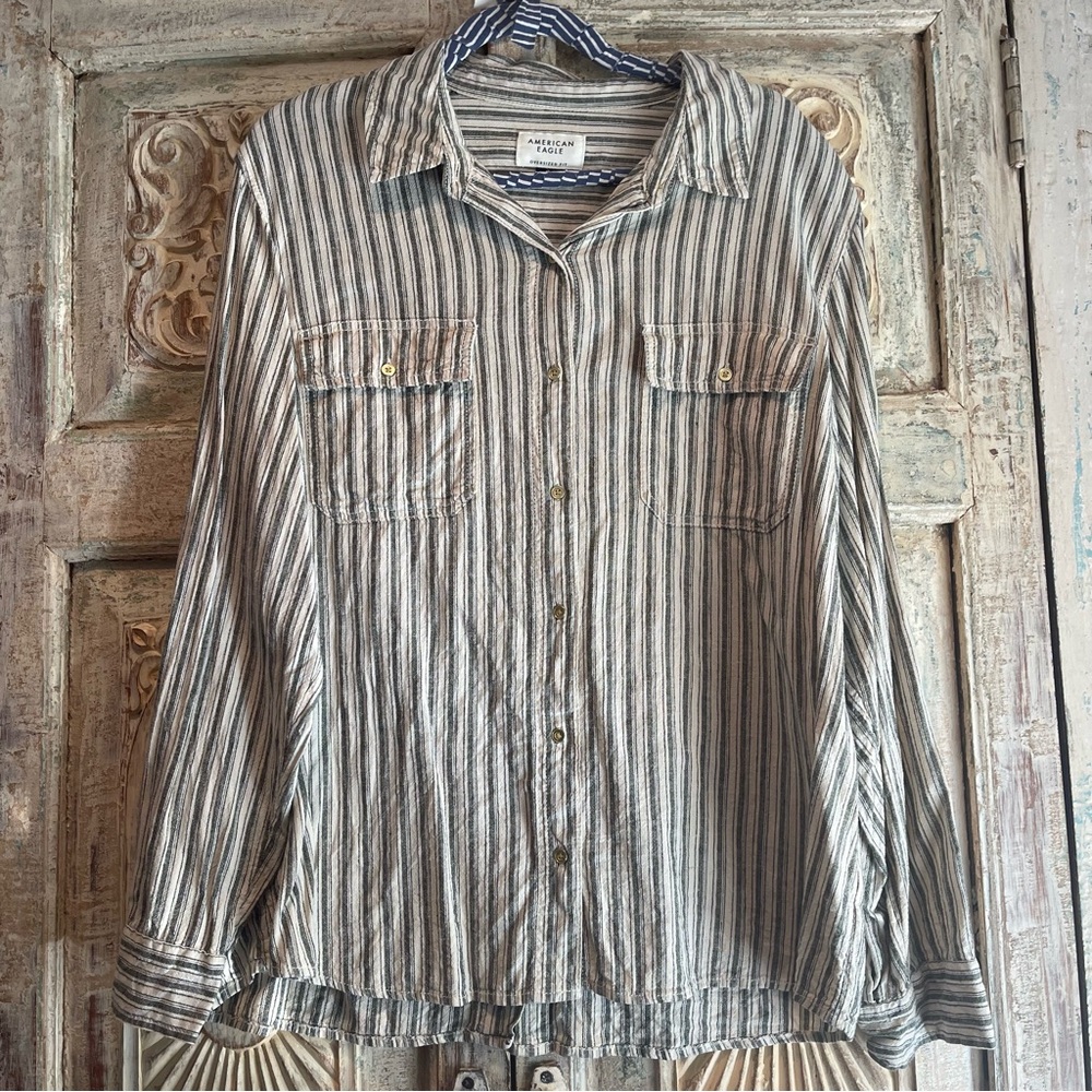 NWOT AE Weekend Vibes Linen-Blend Long-Sleeve Button-Up Shirt /XL/